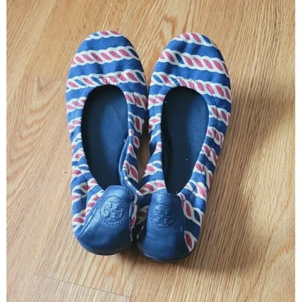 Tory Burch Fabric Upper Leather Red White Blue Ballet Flats Women's Size 7